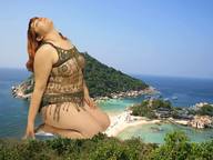 giantess collage large_breasts long_hair beach ocean island red_hair kneeling outdoors resort skimpy_clothing