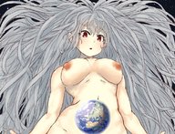breasts drawing nipples giantess nude earth giga space color large_breasts long_hair planet red_eyes looking_down grey_hair uru