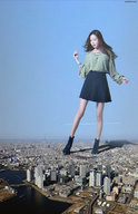 giantess collage city long_hair destruction skirt brunette boots looking_down outdoors