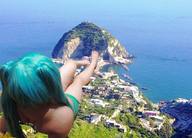 giantess collage city long_hair destruction barefoot blue_hair shoes island sitting twintails outdoors nail_polish black_nails