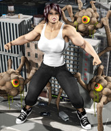 giantess city angry brunette short_hair muscles monster pants vehicles sneakers outdoors converse top digital_render
