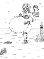 drawing giantess monochrome large_breasts long_hair ocean helicopter gloves bbw lighthouse belly walking boats pier
