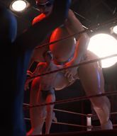 bikini blonde huge_breasts brunette mini_giantess wrestling fighting looking_down mask curvy wrestling_ring redfiredog digital_render human_clothing