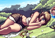 drawing giantess sleeping color handheld brunette lying_down nosebleed bare_midriff gareit0