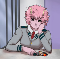 drawing blonde color pink_hair uniform shrunken_man looking_down under_finger looking_at_tiny pink_skin my_hero_academia mina_ashido xxxgoom bakugou_katsuki