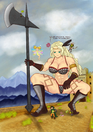 drawing giantess blonde color large_breasts cleavage green_eyes fairy elf boots squatting foot_crush muscles amazon looking_down dangle thighs dialogue axe thief bare_legs dragons_crown amazon_(dragons_crown) halberd micwhyss