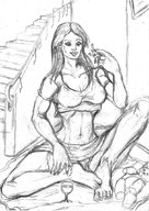drawing growth giantess panties upskirt monochrome long_hair handheld barefoot sitting stairs indoors wine between_fingers teddy_bear pinched skimpy_clothing ipanick