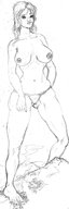 drawing giantess city mega monochrome large_breasts long_hair destruction topless bikini_bottom ipanick