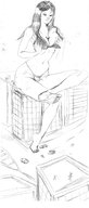 bikini drawing giantess monochrome black_hair large_breasts long_hair sitting looking_down outdoors ipanick cupping_breasts