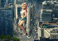 breasts drawing giantess mega color long_hair destruction barefoot cleavage traffic red_hair navel standing vehicles top new_york_city daisy_dukes flatirons_building bare_midriff
