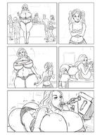 drawing growth panties comic monochrome huge_breasts indoors top big_butt ripped_clothing panels thick_thighs