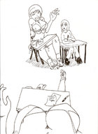 breasts drawing growth giantess monochrome cleavage mini_giantess school sketch desk joemanmki ripped_clothing multiple_angles