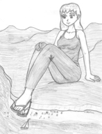 drawing giantess monochrome long_hair beach sitting outdoors flip_flops top crowds ailboat