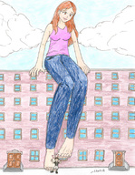 drawing long_hair clothed barefoot buildings red_hair sitting looking_down outdoors