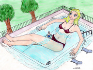 bikini drawing growth blonde long_hair lying_down pool swimming outdoors