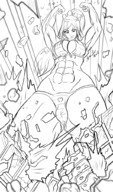 bikini breasts drawing growth giantess large_breasts long_hair destruction cleavage outgrowing_building ponytail muscles looking_down