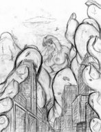 drawing giantess nude city mega large_breasts long_hair destruction toes barefoot soles looking_down ipanick