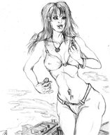 bikini breasts drawing giantess city monochrome handheld shrunken_men piercings sketch looking_at_victims implied_vore ipanick pierced_bellybutton