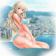 bikini drawing giantess city mega blonde color butt blue_eyes ocean painting coastal canvas