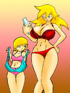 drawing blonde long_hair blue_eyes huge_breasts underwear short_hair mini_giantess looking_down thick_thighs no_background