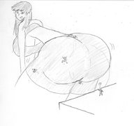 drawing monochrome long_hair huge_breasts shorts looking_back big_butt tubetop