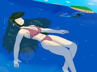 bikini drawing giantess black_hair long_hair helicopter island lying_down boats outdoors floating