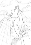 drawing panties city monochrome large_breasts long_hair low_angle outdoors looking_back
