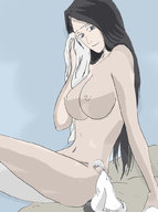 drawing giantess nude black_hair large_breasts blue_eyes shrunken_man drying