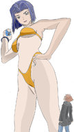 bikini drawing blue_hair smiling short_hair hand shrunken_man looking_down looking_up bracelet no_background