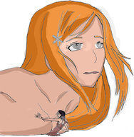 drawing black_hair long_hair breast_crush red_hair lying_down shrunken_woman no_background hair_clip