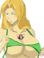 drawing blonde large_breasts long_hair blue_eyes red_hair short_hair looking_down bikini_top no_background between_breasts