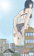 bikini drawing city black_hair medium_length_hair vehicles outdoors looking_back panty_entrapment