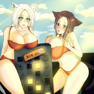 bikini drawing giantess city large_breasts destruction breast_crush giantesses cat_girl thighs office_building