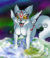 drawing giantess furry wolf earth anthro color destruction cleavage goddess crawling renaayama open_mouth okami amaterasu cosmic_giantess