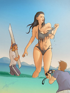 drawing growth black_hair large_breasts long_hair brunette short_hair mini_giantess surprised camera outdoors ripped_clothing