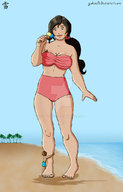 bikini drawing giantess black_hair large_breasts long_hair ice_cream ponytail looking_down hugging