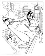 drawing giantess monochrome black_hair long_hair destruction skirt high_heels lying_down sandals looking_down vehicles outdoors earrings bracelet
