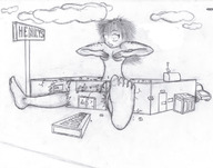 drawing growth monochrome long_hair destruction barefoot outgrowing_building sitting surprised outdoors covering_breasts convenient_censorship