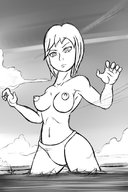 giantess large_breasts water ocean topless short_hair looking_down outdoors bikini_bottom colonel-gabbo arms_raised
