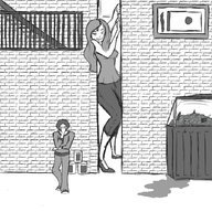 drawing monochrome clothed mini_giantess outdoors alley cramped dumpster