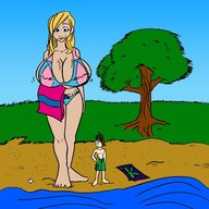 drawing blonde long_hair beach wet huge_breasts tree outdoors towel