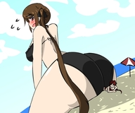 bikini giantess long_hair beach butt_crush brunette embarrassed looking_down looking_up outdoors umbrella