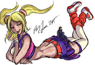drawing blonde long_hair socks cheerleader lying_down twintails looking_back licking_lips lollipop_chainsaw no_background juliet_starling