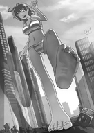 bikini giantess city destruction toes barefoot soles smiling walking medium_length_hair looking_down outdoors raised_foot