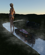 giantess panties blonde long_hair topless walking river boats outdoors looking_back discarded_shoes digital_render