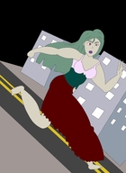 drawing giantess city clothed barefoot purple_eyes green_hair running mrhydeandgoseek