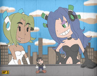 drawing giantess city color large_breasts tongue smiling parody giantesses dark_skin outdoors cupdead