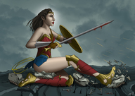 drawing giantess long_hair destruction sword skirt blood brunette smiling sitting sandals outdoors wonder_woman bracelet lasso shield dc_comics spuski