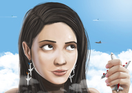 drawing giantess giga color handheld brunette brown_eyes airplane clouds earrings spuski