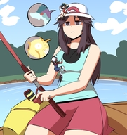 drawing gentle pokemon black_hair color large_breasts long_hair clothed skirt water climbing brunette sitting fishing shrunken_woman boats outdoors hat top pokemon_trainer herretik on_breasts leaf_(pokemon)